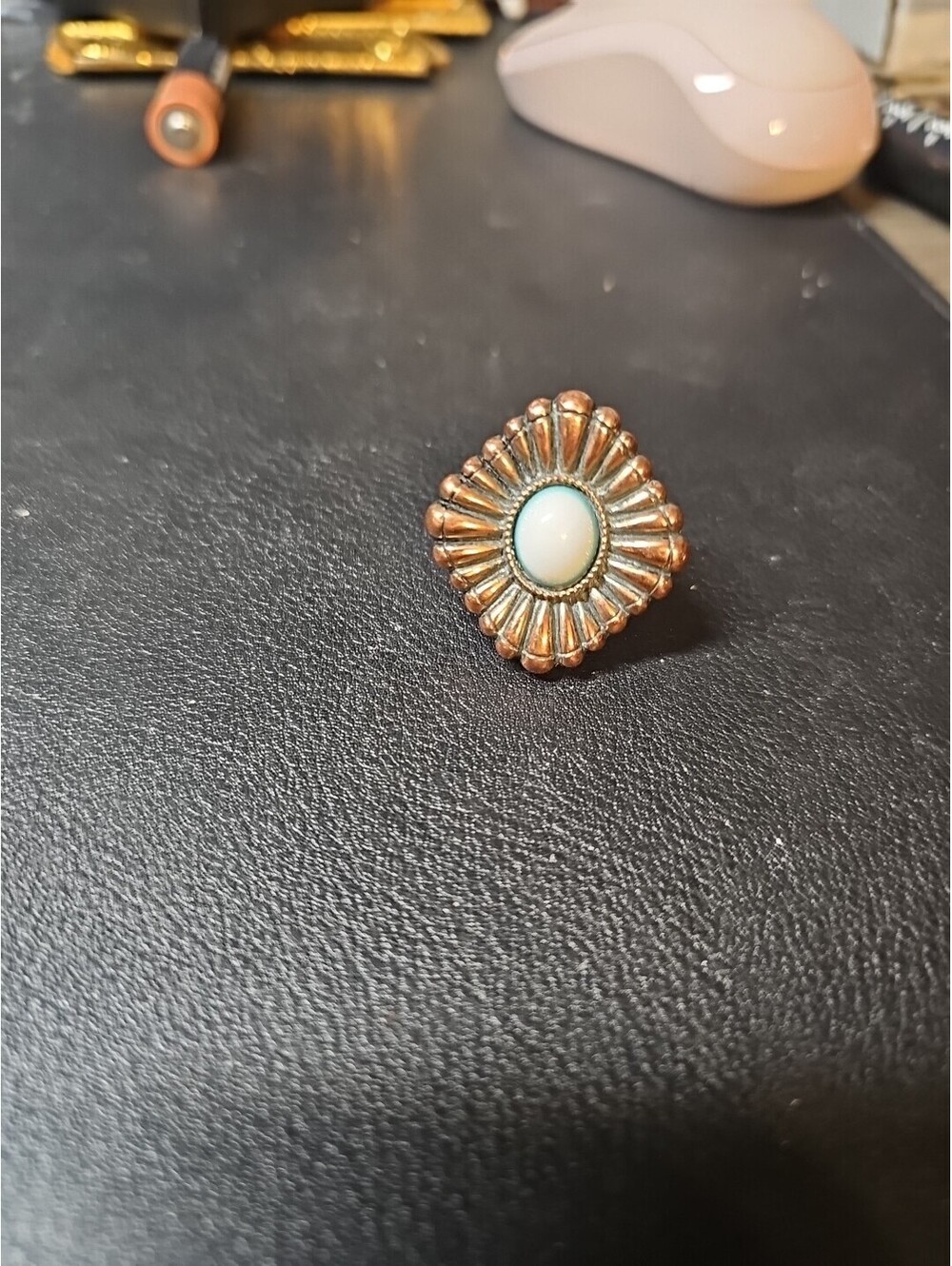 Bronze Tone Or Copper Ring Oval White Cabochon
